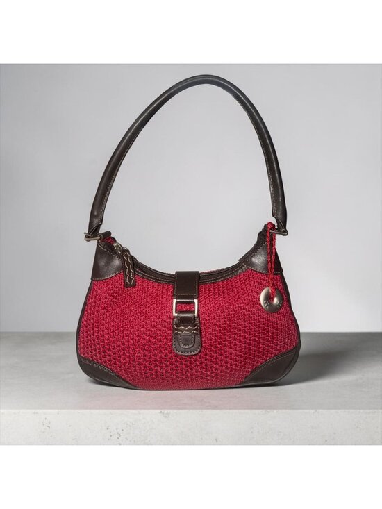 The Sak Handbags - VTG The Sak Small Hobo Red Tightweave Crochet Brown Trim Shoulder Bag Y2K Charm